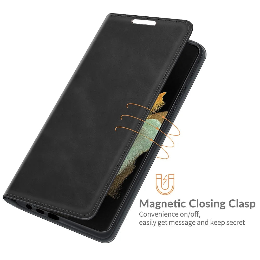 Automatic Magnet Closure Flip Phone Shell Stand Design Skin-Touch Super Leather Case Cover with Wallet for Samsung Galaxy S22 Ultra 5G - Black - 6