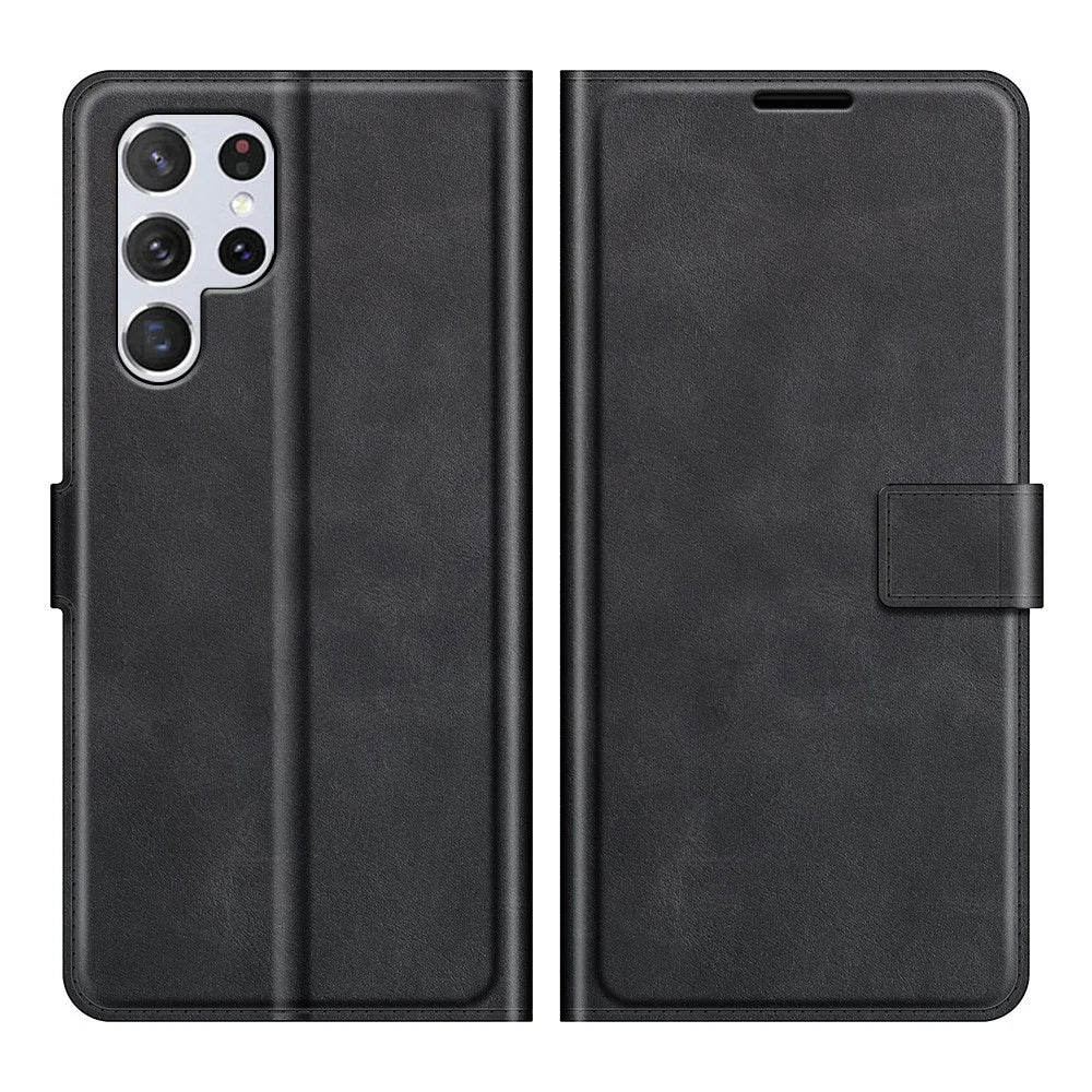 Impact Buffer PU Leather Wallet Folio Flip Case Stand Magnetic Shockproof TPU Inner Shell for Samsung Galaxy S22 Ultra 5G - Black - 1