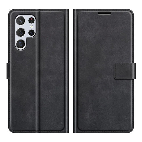 Impact Buffer PU Leather Wallet Folio Flip Case Stand Magnetic Shockproof TPU Inner Shell for Samsung Galaxy S22 Ultra 5G - Black - 1