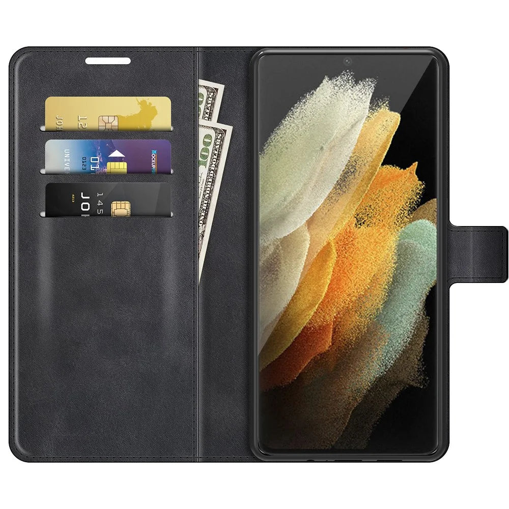 Impact Buffer PU Leather Wallet Folio Flip Case Stand Magnetic Shockproof TPU Inner Shell for Samsung Galaxy S22 Ultra 5G - Black - 4