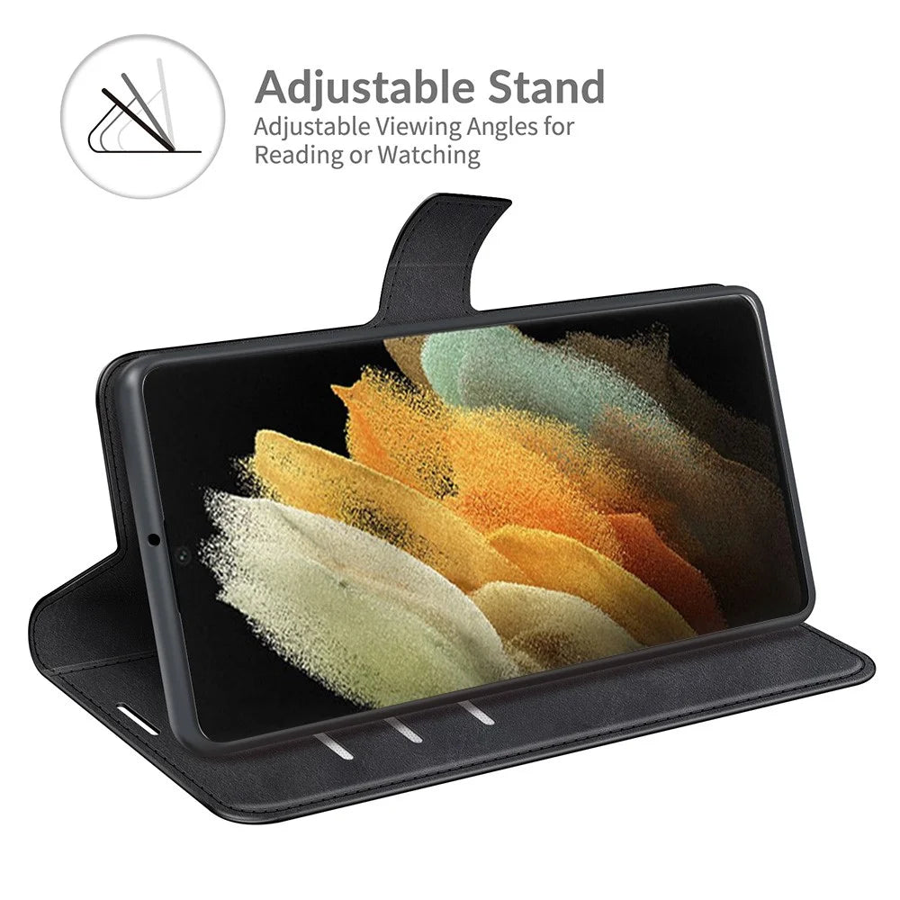 Impact Buffer PU Leather Wallet Folio Flip Case Stand Magnetic Shockproof TPU Inner Shell for Samsung Galaxy S22 Ultra 5G - Black - 5