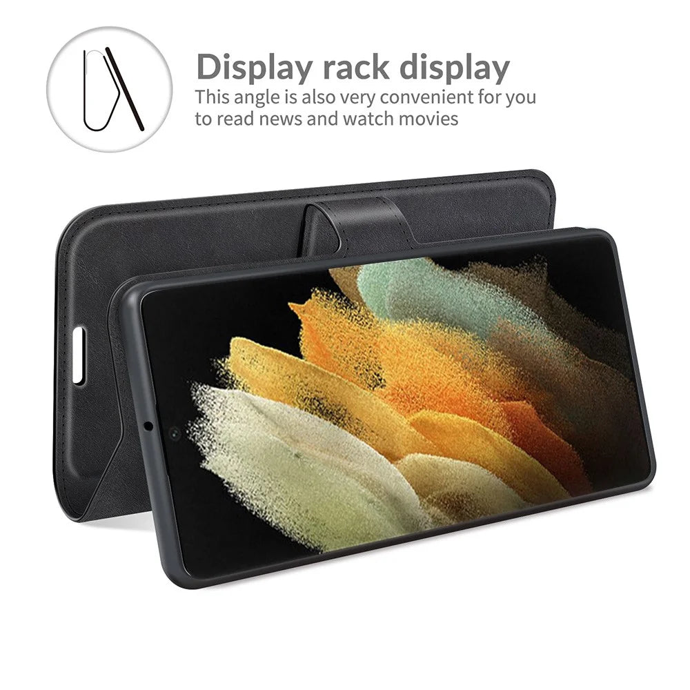 Impact Buffer PU Leather Wallet Folio Flip Case Stand Magnetic Shockproof TPU Inner Shell for Samsung Galaxy S22 Ultra 5G - Black - 6