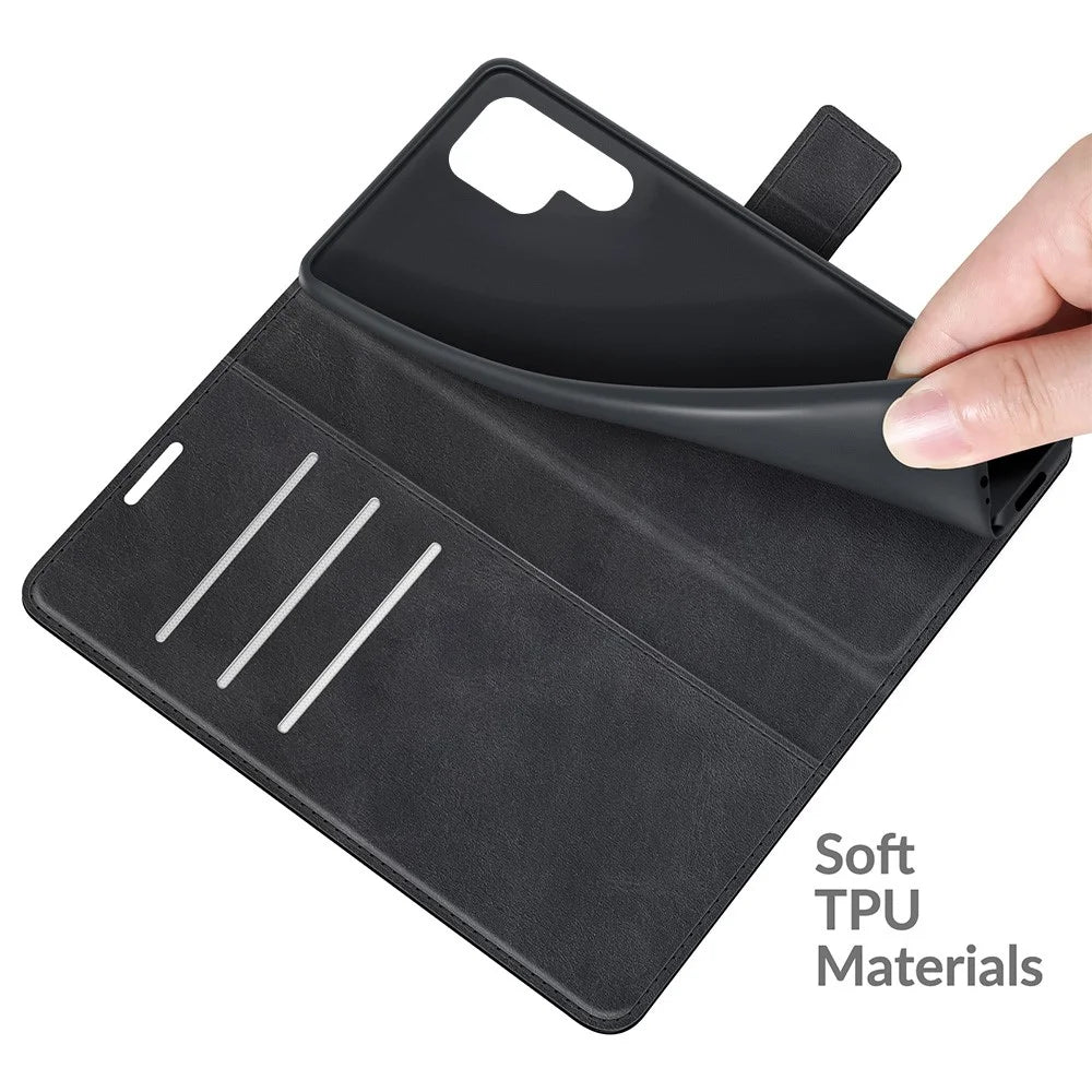 Impact Buffer PU Leather Wallet Folio Flip Case Stand Magnetic Shockproof TPU Inner Shell for Samsung Galaxy S22 Ultra 5G - Black - 7