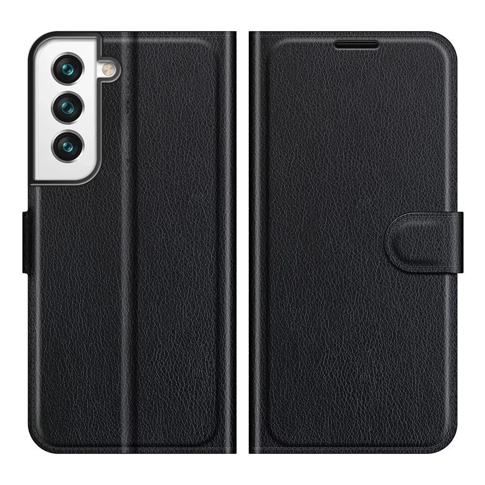 Quality PU Leather Wallet Case Litchi Texture Magnetic Closure Protective Stand Flip Phone Cover for Samsung Galaxy S22+ 5G - Black - 1