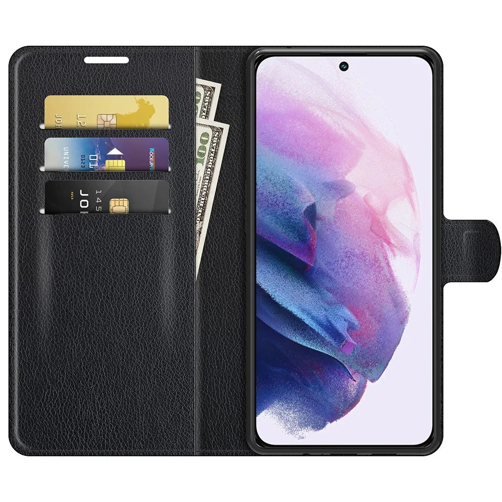 Quality PU Leather Wallet Case Litchi Texture Magnetic Closure Protective Stand Flip Phone Cover for Samsung Galaxy S22+ 5G - Black - 4