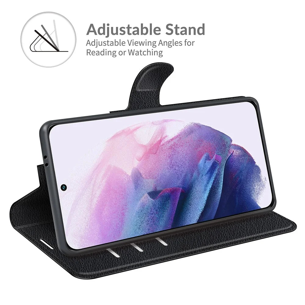 Quality PU Leather Wallet Case Litchi Texture Magnetic Closure Protective Stand Flip Phone Cover for Samsung Galaxy S22+ 5G - Black - 5