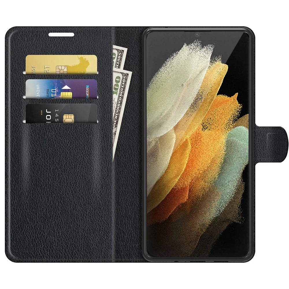 Non-slip Grip Litchi Texture Magnetic Closure PU Leather Stand Case Wallet Phone Cover for Samsung Galaxy S22 Ultra 5G - Black - 4
