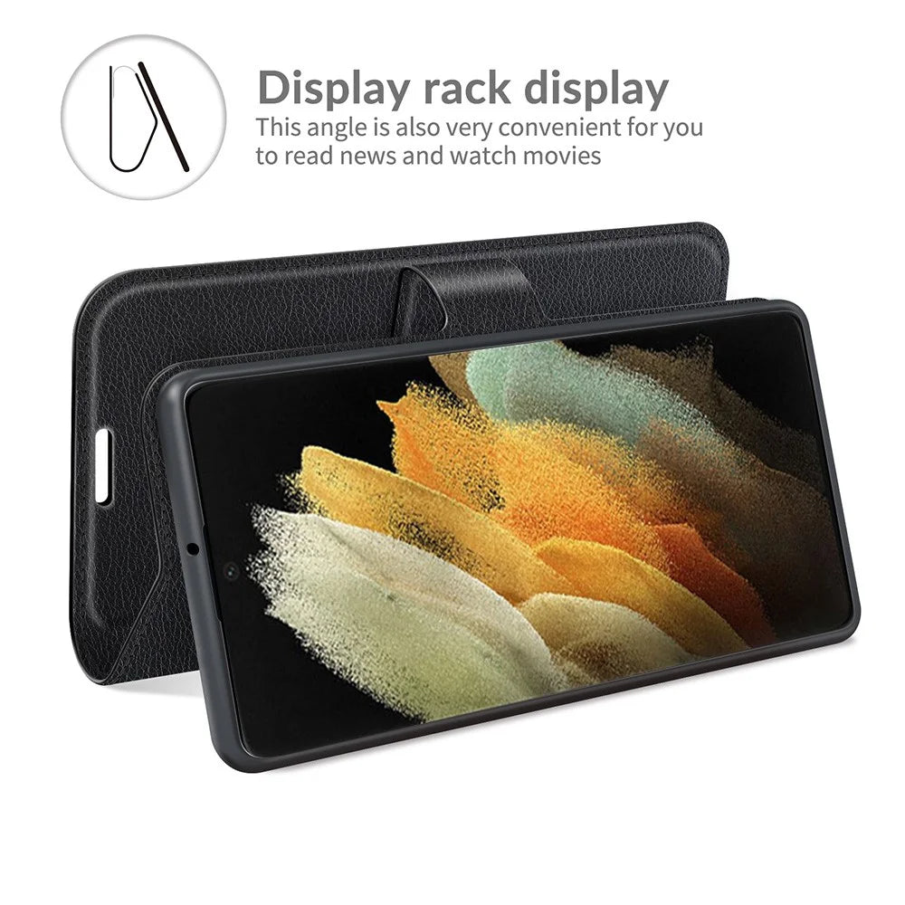 Non-slip Grip Litchi Texture Magnetic Closure PU Leather Stand Case Wallet Phone Cover for Samsung Galaxy S22 Ultra 5G - Black - 6