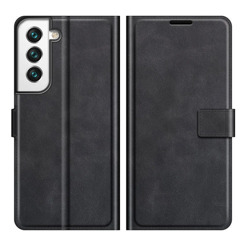 Full Protective PU Leather TPU Wallet Stand Phone Flip Cover Case for Samsung Galaxy S22 5G - Black - 1