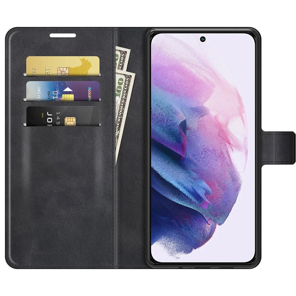 Full Protective PU Leather TPU Wallet Stand Phone Flip Cover Case for Samsung Galaxy S22 5G - Black - 4