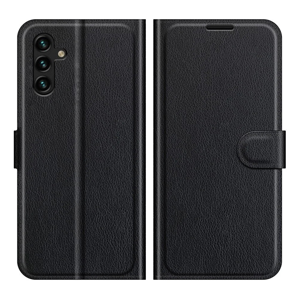 Folio Flip Magnetic Closure Litchi Texture PU Leather + Inner TPU Stand Wallet Cover for Samsung Galaxy A13 5G / A04s 4G (164.7mm) - Black - 1