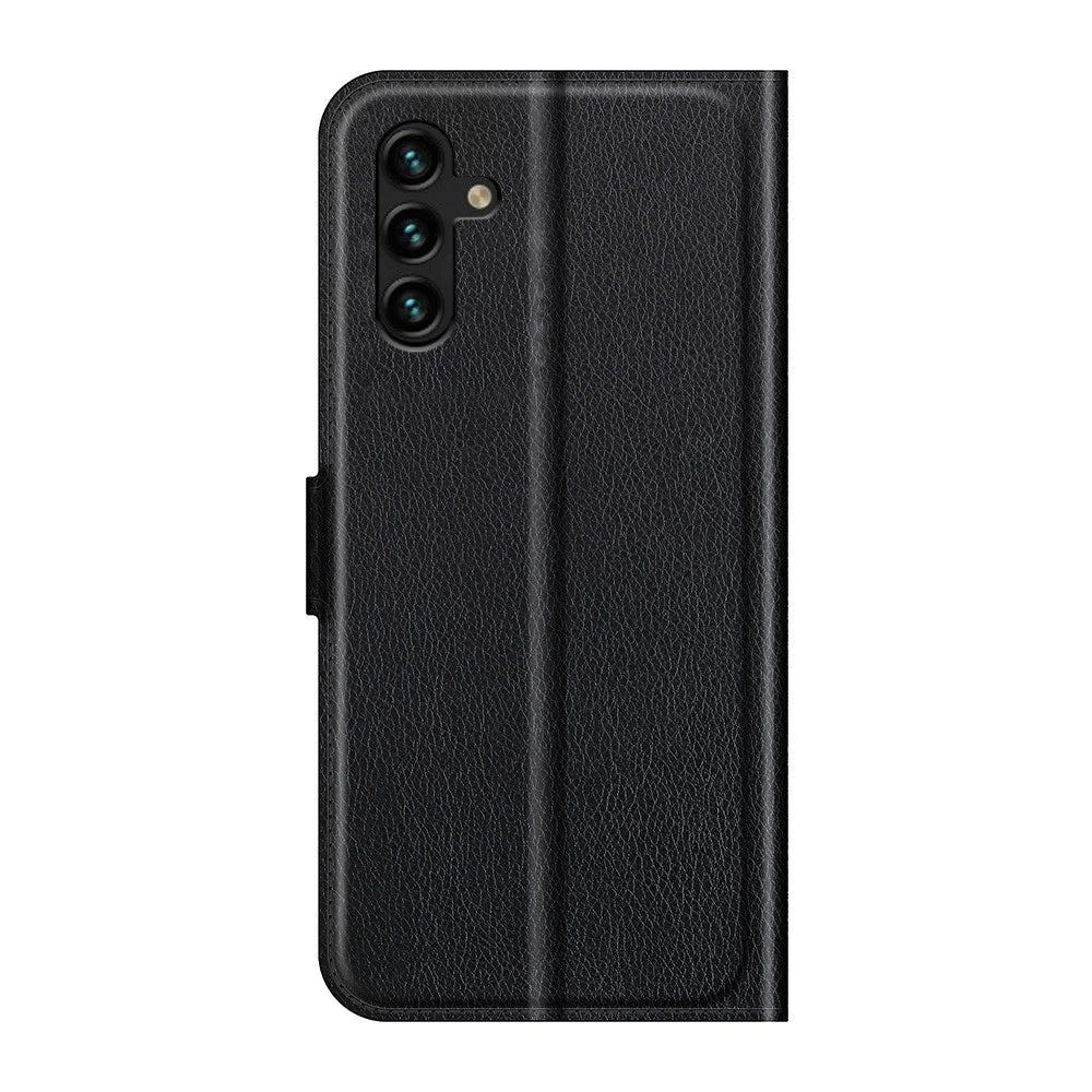 Folio Flip Magnetic Closure Litchi Texture PU Leather + Inner TPU Stand Wallet Cover for Samsung Galaxy A13 5G / A04s 4G (164.7mm) - Black - 3