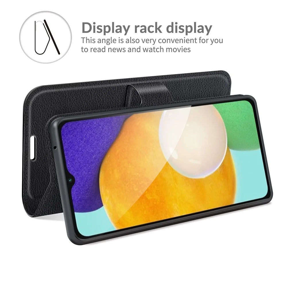 Folio Flip Magnetic Closure Litchi Texture PU Leather + Inner TPU Stand Wallet Cover for Samsung Galaxy A13 5G / A04s 4G (164.7mm) - Black - 6