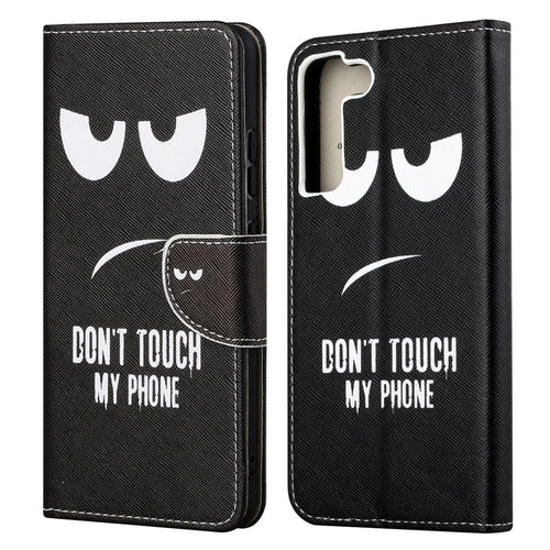 Pattern Printing Cross Texture Durable PU Leather Stand Flip Folio Cover Magnetic Closure Wallet Phone Case for Samsung Galaxy S22 Ultra 5G - Don't Touch My Phone - 1