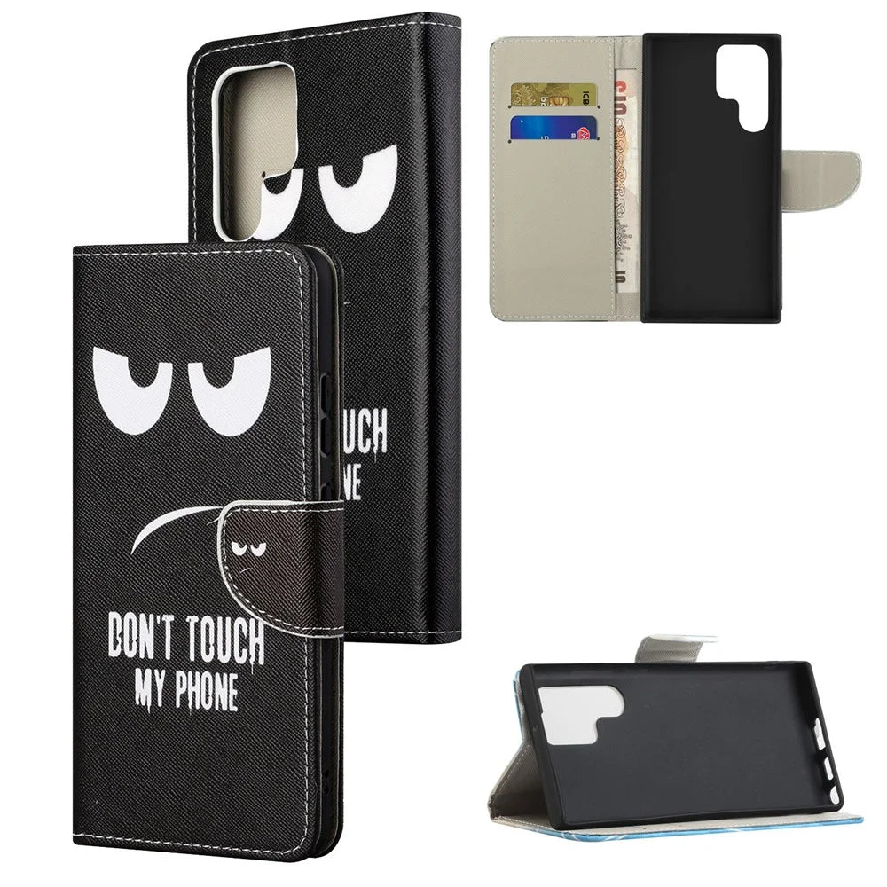 Pattern Printing Cross Texture Durable PU Leather Stand Flip Folio Cover Magnetic Closure Wallet Phone Case for Samsung Galaxy S22 Ultra 5G - Don't Touch My Phone - 6