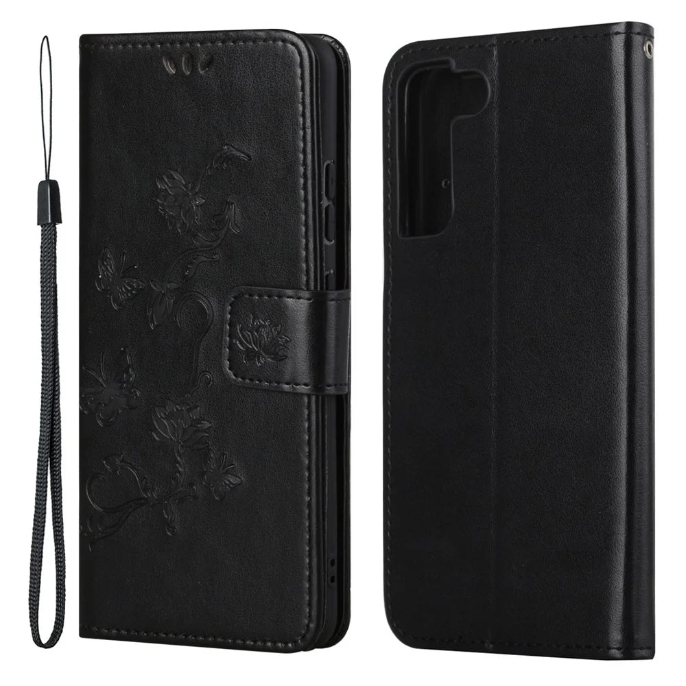 Butterfly and Flowers Imprinting Leather Phone Wallet Cover with Adjustable Viewing Stand for Samsung Galaxy S22 5G - Black - 1