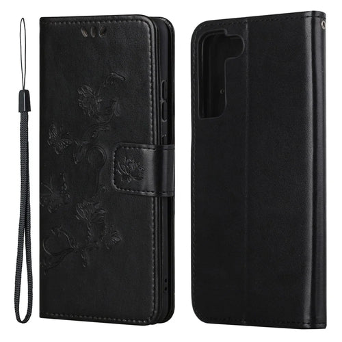 Butterfly and Flowers Imprinting Leather Phone Wallet Cover with Adjustable Viewing Stand for Samsung Galaxy S22 5G - Black - 1