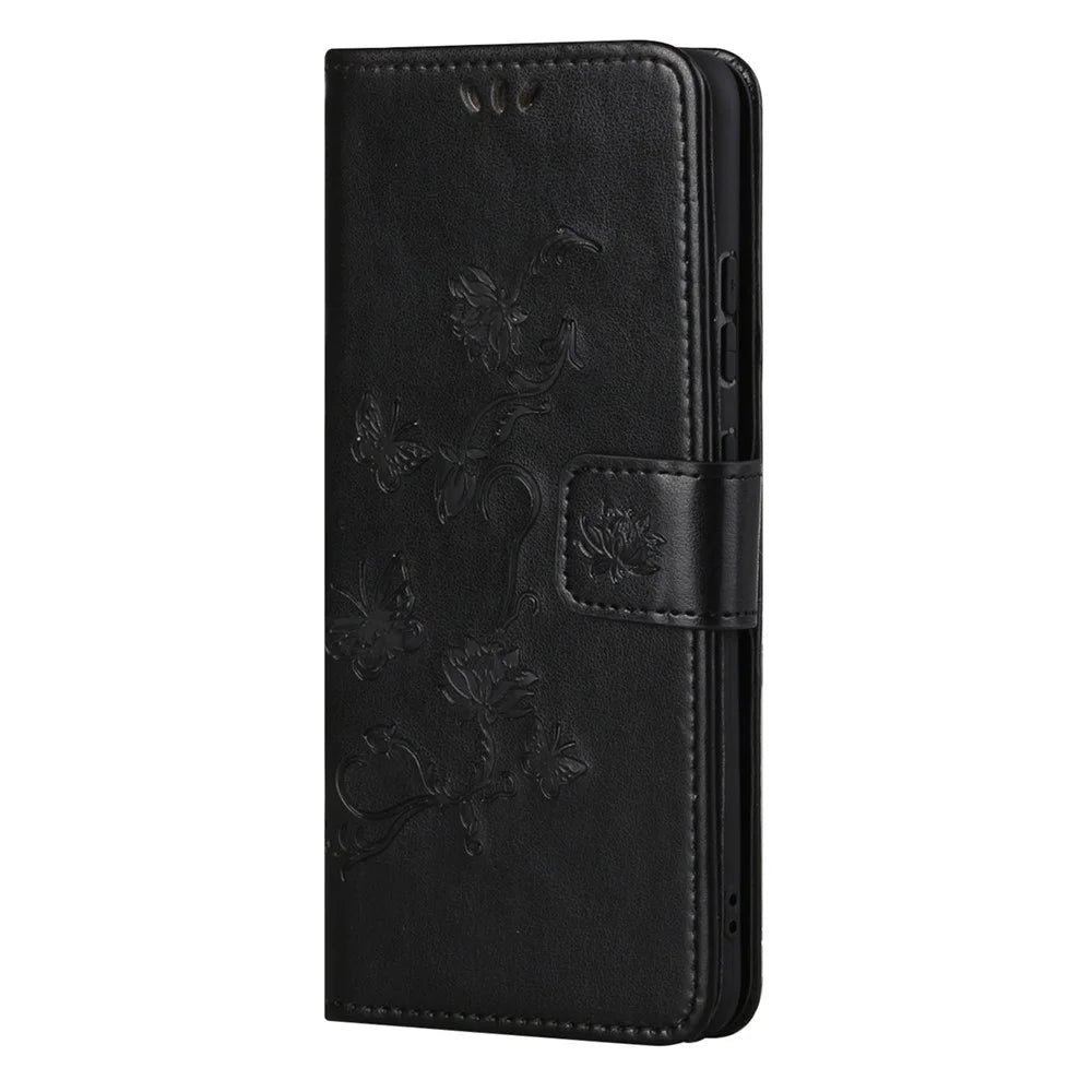 Butterfly and Flowers Imprinting Leather Phone Wallet Cover with Adjustable Viewing Stand for Samsung Galaxy S22 5G - Black - 2