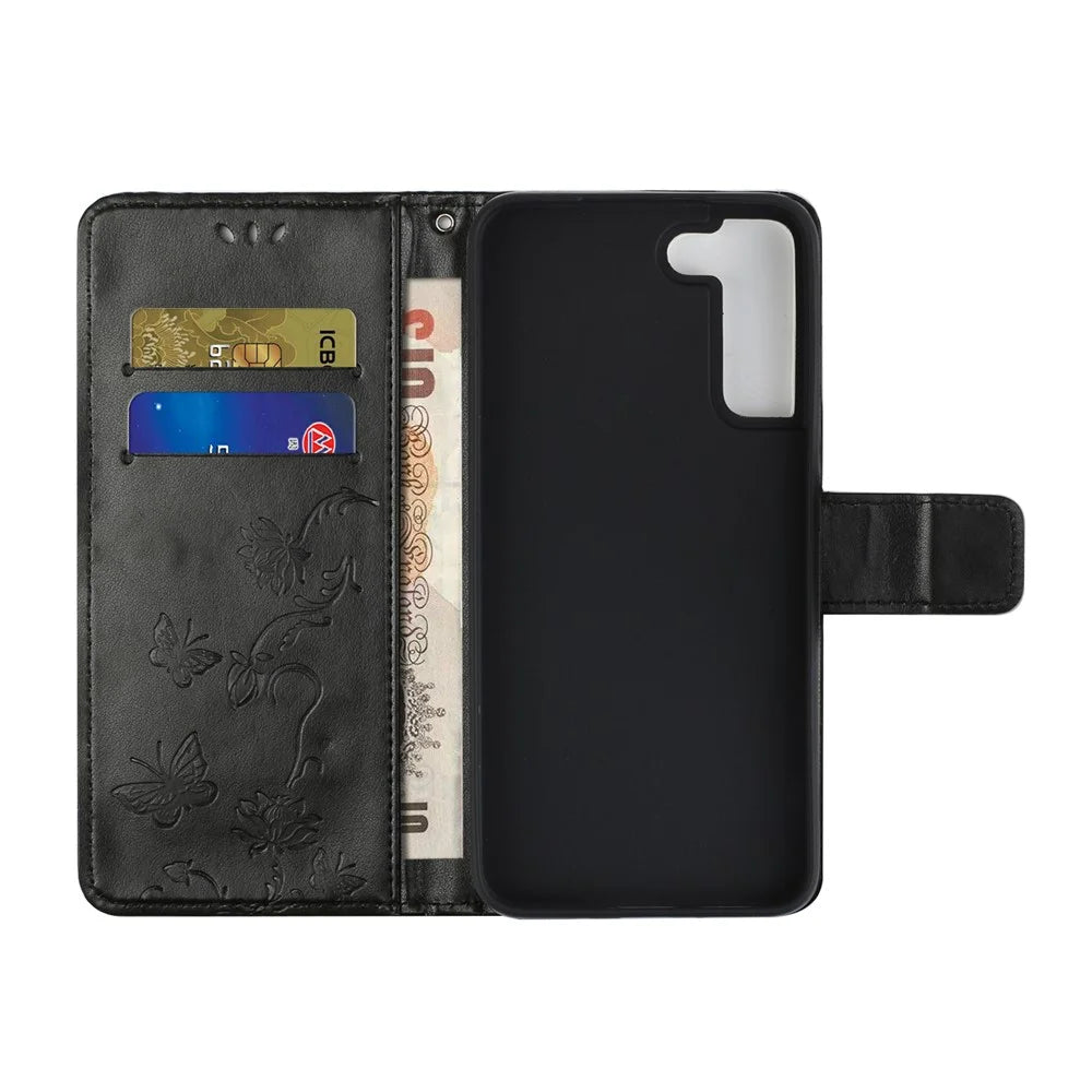 Butterfly and Flowers Imprinting Leather Phone Wallet Cover with Adjustable Viewing Stand for Samsung Galaxy S22 5G - Black - 5