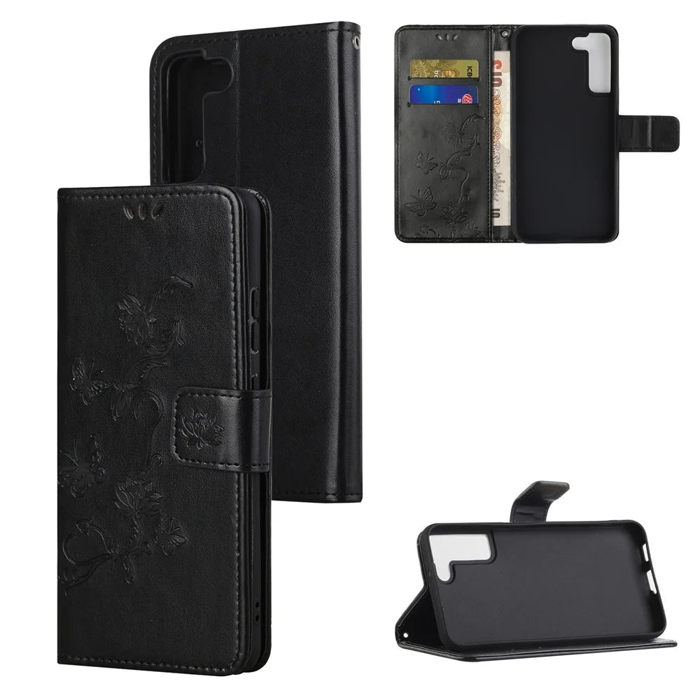 Butterfly and Flowers Imprinting Leather Phone Wallet Cover with Adjustable Viewing Stand for Samsung Galaxy S22 5G - Black - 6