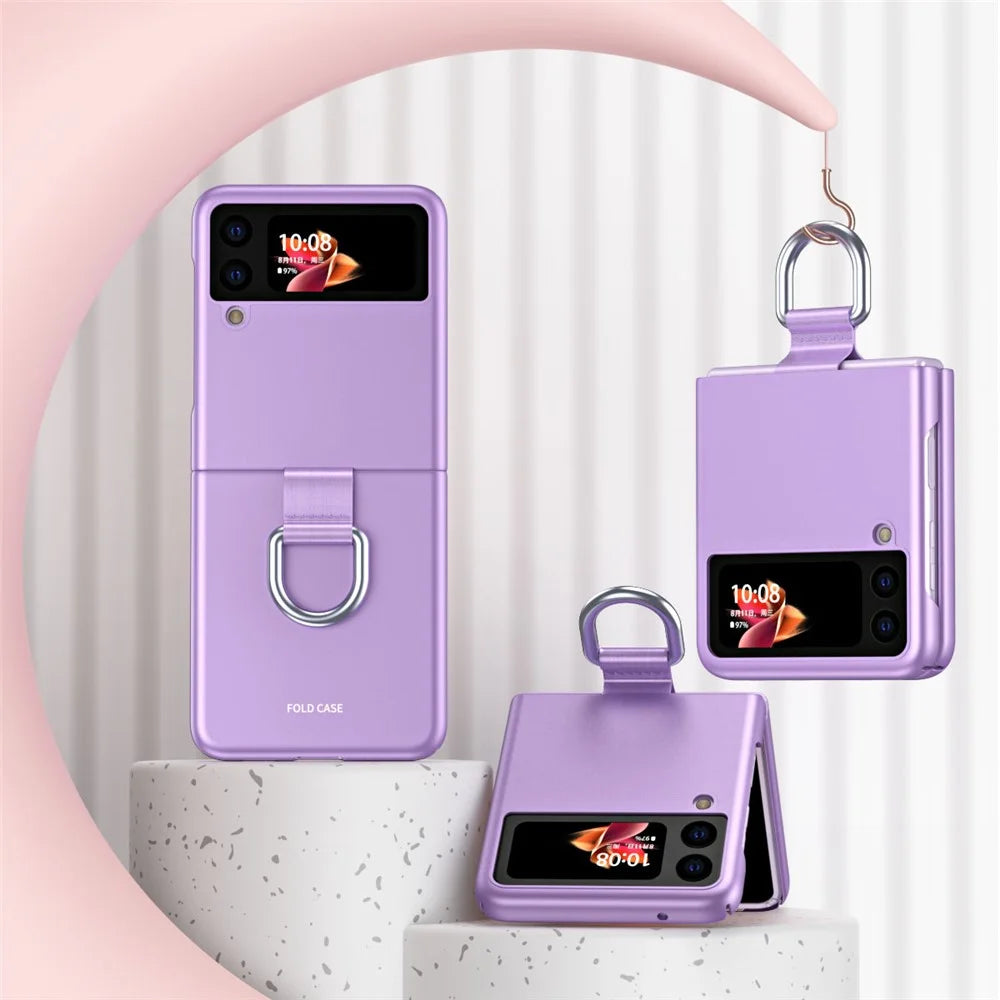 Skin-Touch Anti-Fingerprint Anti-Drop Ring Kickstand Design Phone Case Cover for Samsung Galaxy Z Flip3 5G - Purple - 2
