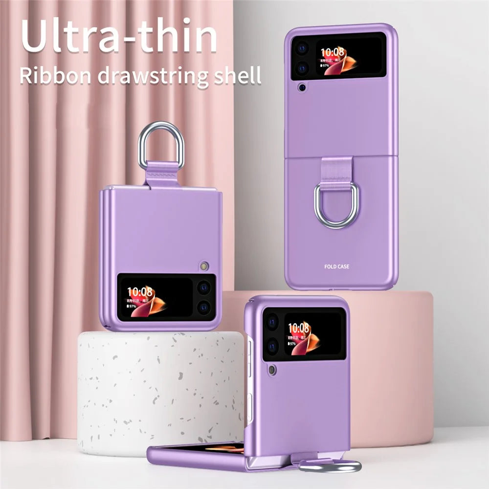 Skin-Touch Anti-Fingerprint Anti-Drop Ring Kickstand Design Phone Case Cover for Samsung Galaxy Z Flip3 5G - Purple - 3