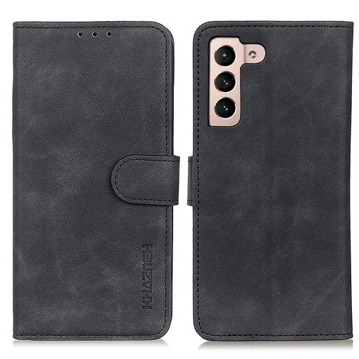 KHAZNEH Retro Texture Full Protection Leather Stand Wallet Cover Phone Case for Samsung Galaxy S22 5G - Black - 1