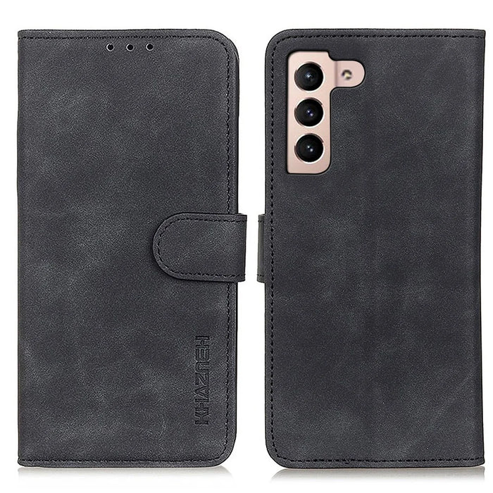 KHAZNEH Retro Texture Full Protection Leather Stand Wallet Cover Phone Case for Samsung Galaxy S22 5G - Black - 1
