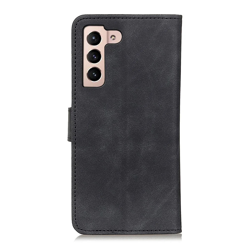 KHAZNEH Retro Texture Full Protection Leather Stand Wallet Cover Phone Case for Samsung Galaxy S22 5G - Black - 3