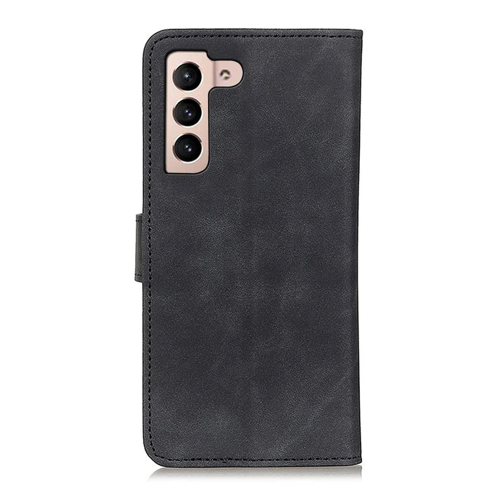 KHAZNEH Retro Texture Full Protection Leather Stand Wallet Cover Phone Case for Samsung Galaxy S22 5G - Black - 3