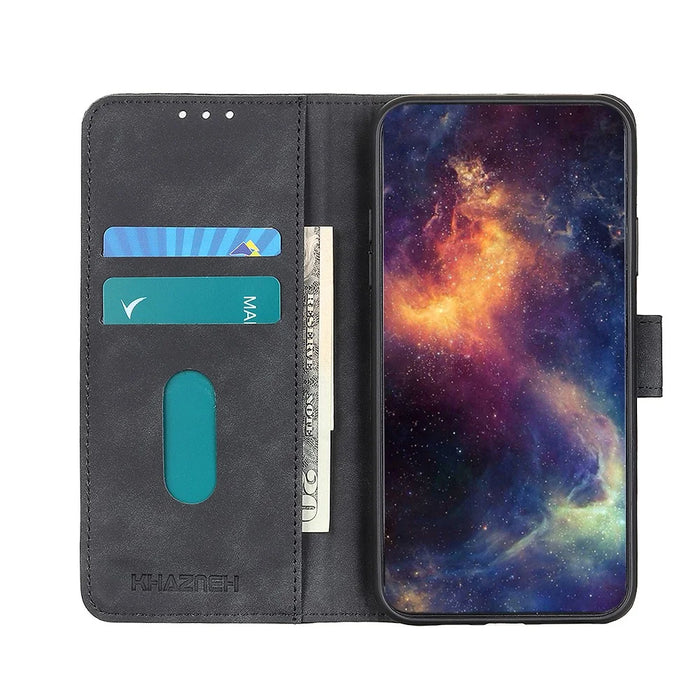 KHAZNEH Retro Texture Full Protection Leather Stand Wallet Cover Phone Case for Samsung Galaxy S22 5G - Black - 5