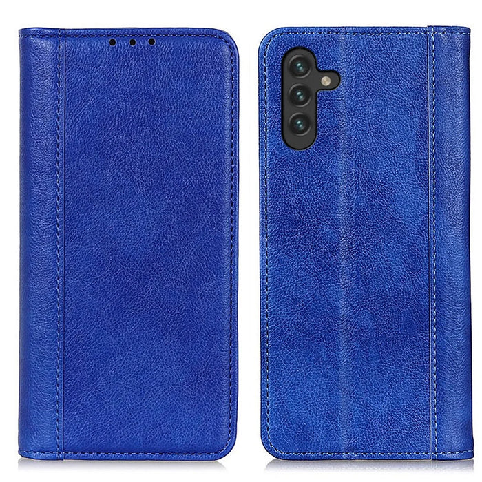 Split Leather Stylish Litchi Texture Wallet Phone Case Stand Flip Shell for Samsung Galaxy A13 5G / A04s 4G (164.7mm) - Blue - 1