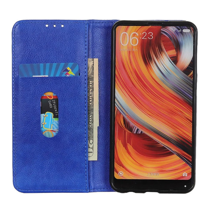 Split Leather Stylish Litchi Texture Wallet Phone Case Stand Flip Shell for Samsung Galaxy A13 5G / A04s 4G (164.7mm) - Blue - 4