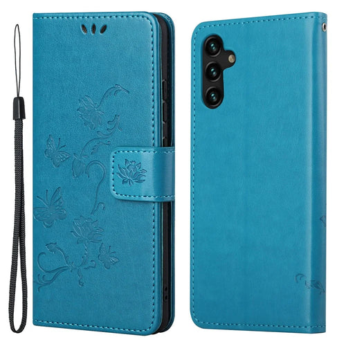 Butterfly Flower Imprinting Leather Phone Wallet Stand Shell with Strap for Samsung Galaxy A13 5G / A04s 4G (164.7mm) - Blue - 1