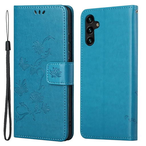 Butterfly Flower Imprinting Leather Phone Wallet Stand Shell with Strap for Samsung Galaxy A13 5G / A04s 4G (164.7mm) - Blue - 1