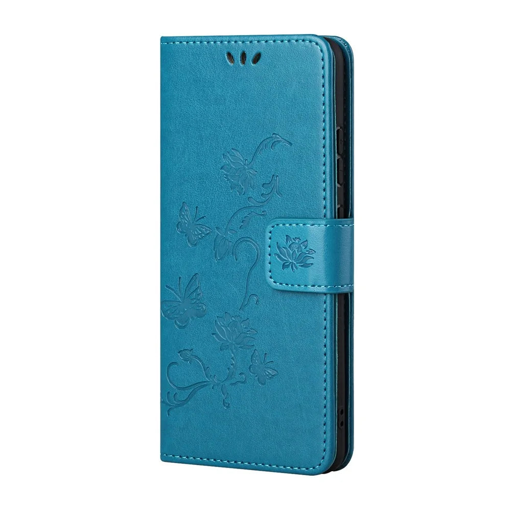 Butterfly Flower Imprinting Leather Phone Wallet Stand Shell with Strap for Samsung Galaxy A13 5G / A04s 4G (164.7mm) - Blue - 2
