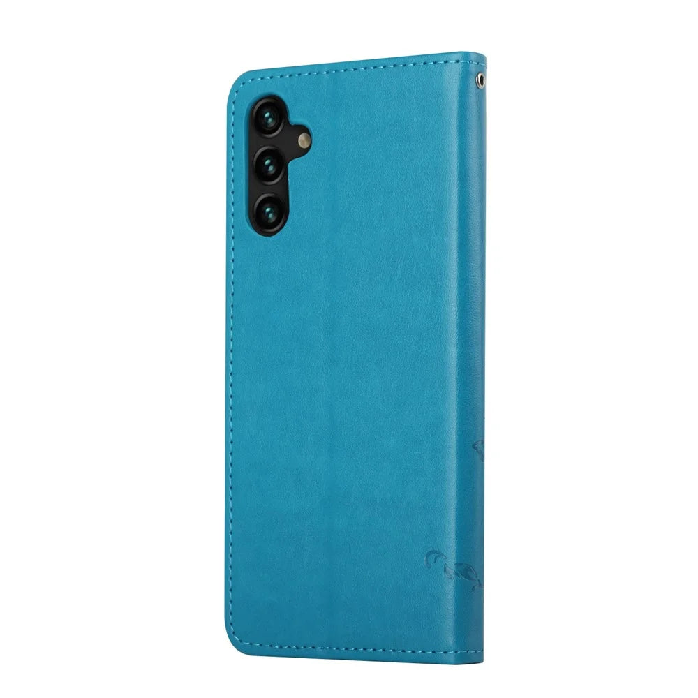 Butterfly Flower Imprinting Leather Phone Wallet Stand Shell with Strap for Samsung Galaxy A13 5G / A04s 4G (164.7mm) - Blue - 3