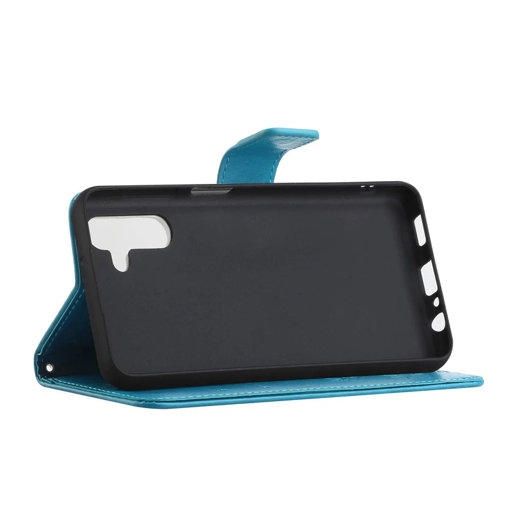 Butterfly Flower Imprinting Leather Phone Wallet Stand Shell with Strap for Samsung Galaxy A13 5G / A04s 4G (164.7mm) - Blue - 4
