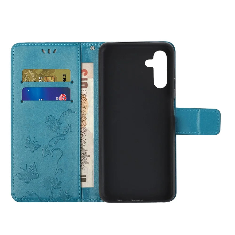 Butterfly Flower Imprinting Leather Phone Wallet Stand Shell with Strap for Samsung Galaxy A13 5G / A04s 4G (164.7mm) - Blue - 5