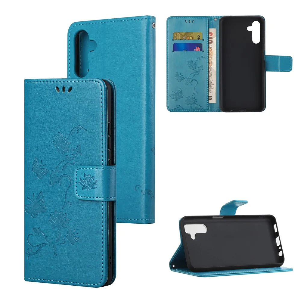 Butterfly Flower Imprinting Leather Phone Wallet Stand Shell with Strap for Samsung Galaxy A13 5G / A04s 4G (164.7mm) - Blue - 6