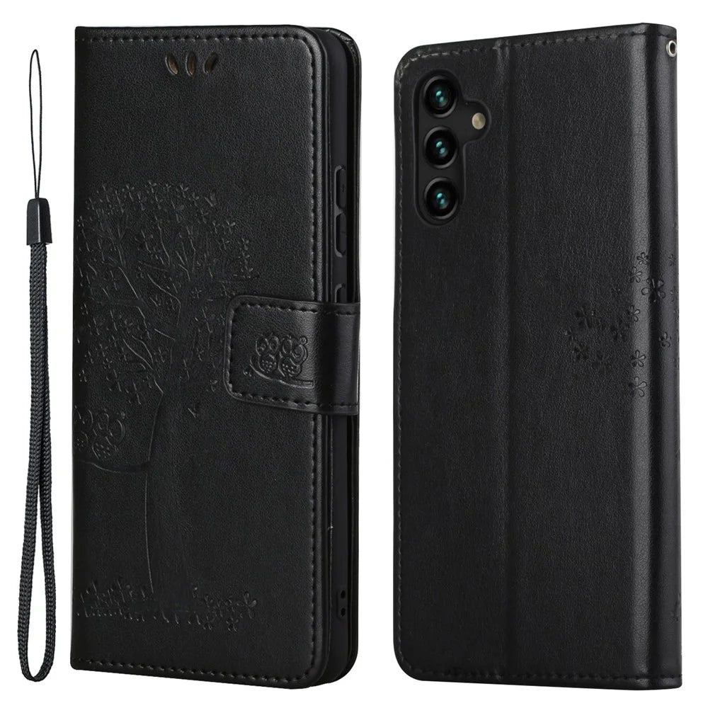Folio Flip Owl Tree Imprint Leather Wallet Phone Case Shell with Stand for Samsung Galaxy A13 5G / A04s 4G (164.7mm) - Black - 1