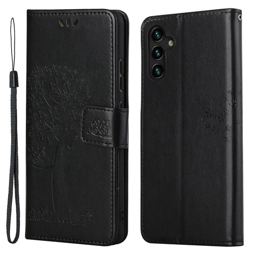 Folio Flip Owl Tree Imprint Leather Wallet Phone Case Shell with Stand for Samsung Galaxy A13 5G / A04s 4G (164.7mm) - Black - 1