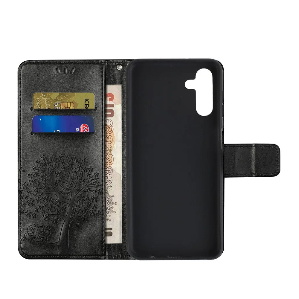 Folio Flip Owl Tree Imprint Leather Wallet Phone Case Shell with Stand for Samsung Galaxy A13 5G / A04s 4G (164.7mm) - Black - 5