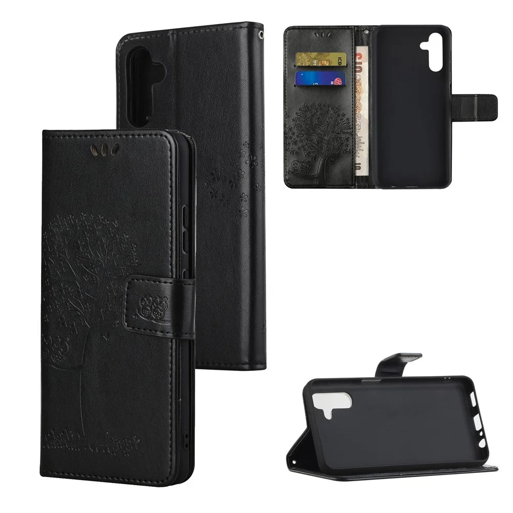 Folio Flip Owl Tree Imprint Leather Wallet Phone Case Shell with Stand for Samsung Galaxy A13 5G / A04s 4G (164.7mm) - Black - 6