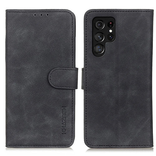 KHAZNEH Vintage Style PU Leather Foldable Stand Phone Cover Protector with Wallet for Samsung Galaxy S22 Ultra 5G - Black - 1