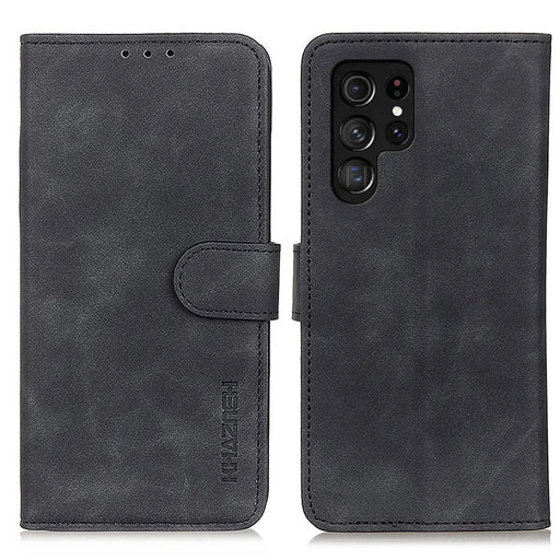 KHAZNEH Vintage Style PU Leather Foldable Stand Phone Cover Protector with Wallet for Samsung Galaxy S22 Ultra 5G - Black - 1