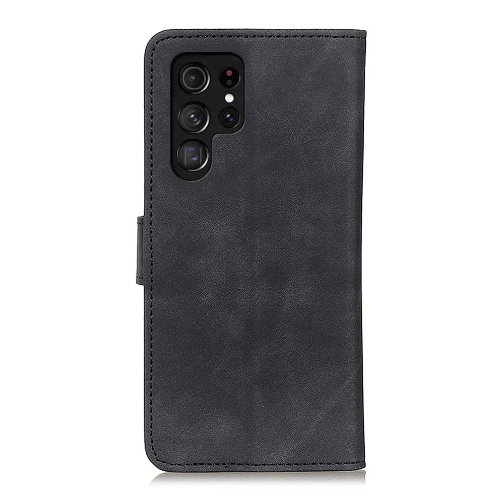 KHAZNEH Vintage Style PU Leather Foldable Stand Phone Cover Protector with Wallet for Samsung Galaxy S22 Ultra 5G - Black - 3