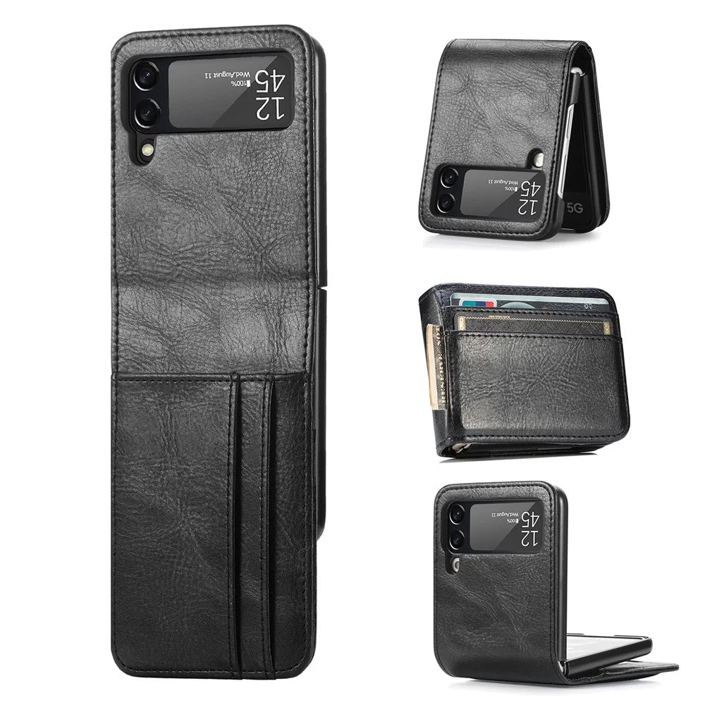 For Samsung Galaxy Z Flip3 5G Wallet Card Slots Design Anti-Drop Anti-Fingerprint Durable PU Leather Phone Case Cover - Black - 1