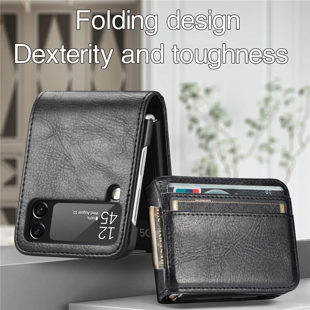For Samsung Galaxy Z Flip3 5G Wallet Card Slots Design Anti-Drop Anti-Fingerprint Durable PU Leather Phone Case Cover - Black - 4