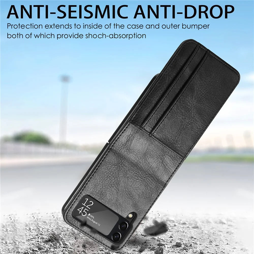 For Samsung Galaxy Z Flip3 5G Wallet Card Slots Design Anti-Drop Anti-Fingerprint Durable PU Leather Phone Case Cover - Black - 5